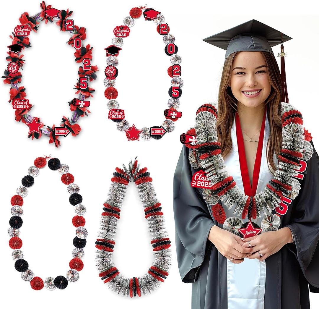 Graduation Money Lei Class of 2025 Candy Lei Kit with DIY Flower Sticker Pieces Congrats Senior High School College Grad Party Supplies Gift Red & Black Set of 6 No Money Included