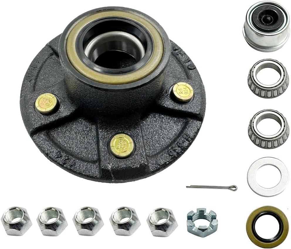 5-Hole, 4.5" Bolt Circle Brake Idler Hub for 3500lb Trailer 1-1/16'' to 1-3/8'' Axles with Extra Dust Caps Rubber Plugs, Replacement for L68149 L44649 Inner Outer Cone Bearings