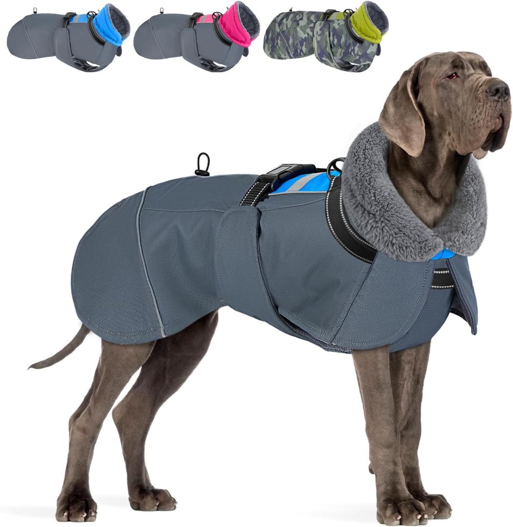 SlowTon Dog Winter Coat, Windproof 3 Layers Thick Warm Fleece Lining Dog Jacket for Cold Weather, Reflective Dogs Apparel with Leash Opening for Medium Large Dogs(Blue,L)