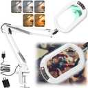 10X Rectangle Magnifying Glass with Light, 5 Color Modes Stepless Dimmable Magnifier with Stand, LED Lighted Clamp Desk Lamp with Swing Arm, Hands Free for Reading Painting Close Work - White