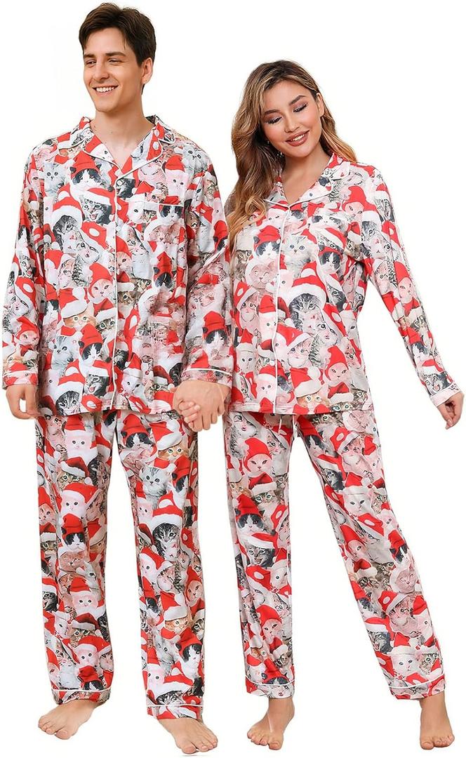 RAISEVERN Couples Christmas Matching Pajamas 2 Piece Women Men Xmas Pjs Soft Pajama Set Long Sleeve Loungewear Warm Sleepwear (Large, Christmas 03 Cat)