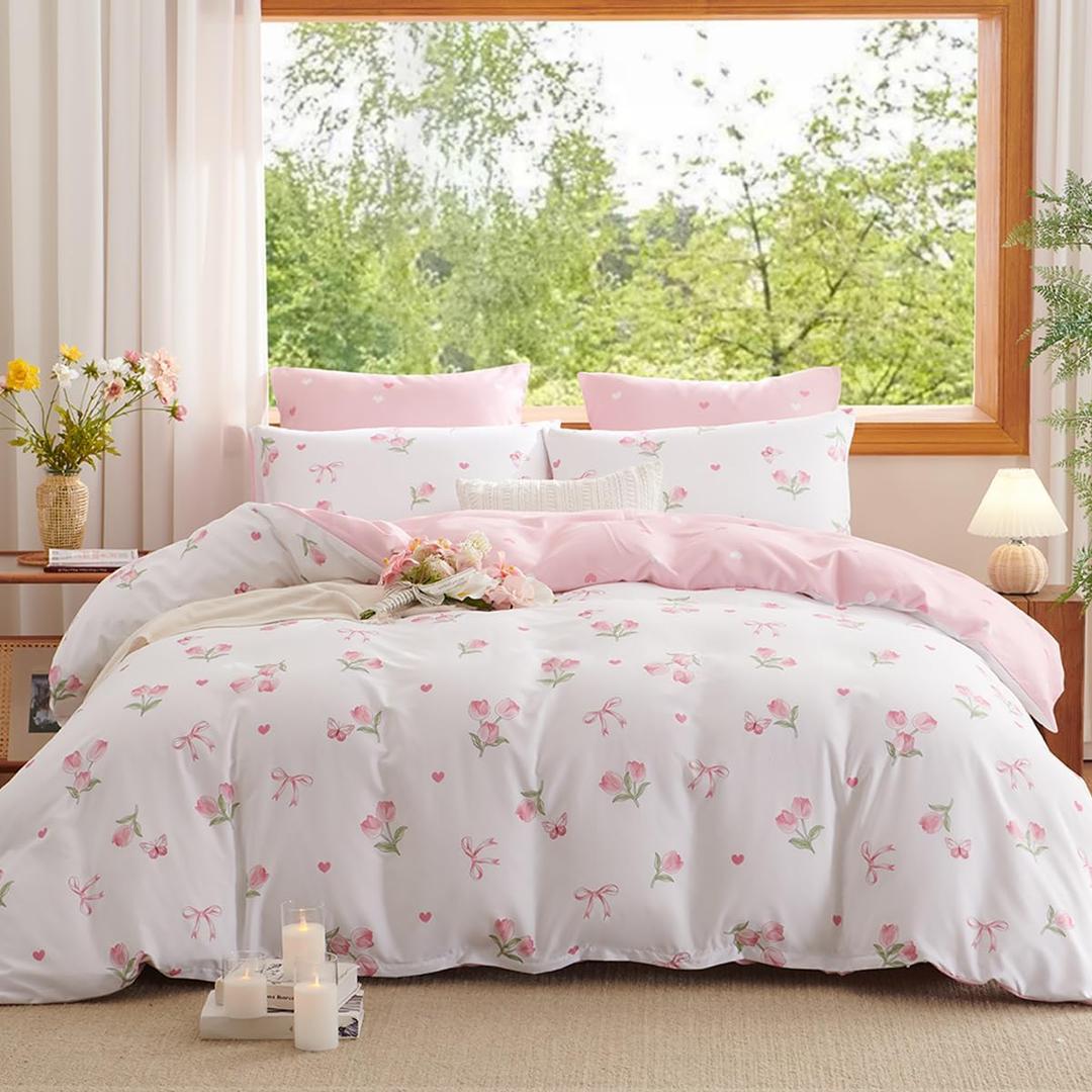 Twin Duvet Cover Floral - Pink Flower Comforter Cover Soft & Lightweight Bedding Set, Microfiber Pink Bow Quilt Cover with Zipper Closure and 1 Pillowcase (68" x 90", No Comforter)