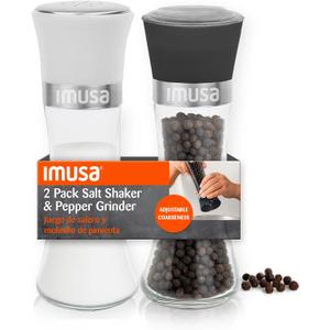 IMUSA Salt Shaker and Pepper Grinder Set 2 Pack Glass Salt Shaker and Pepper Mill Set, Manual Adjustable Ceramic Core Pepper Grinder, 6 oz Capacity, Refillable Salt and Pepper Set for Kitchen