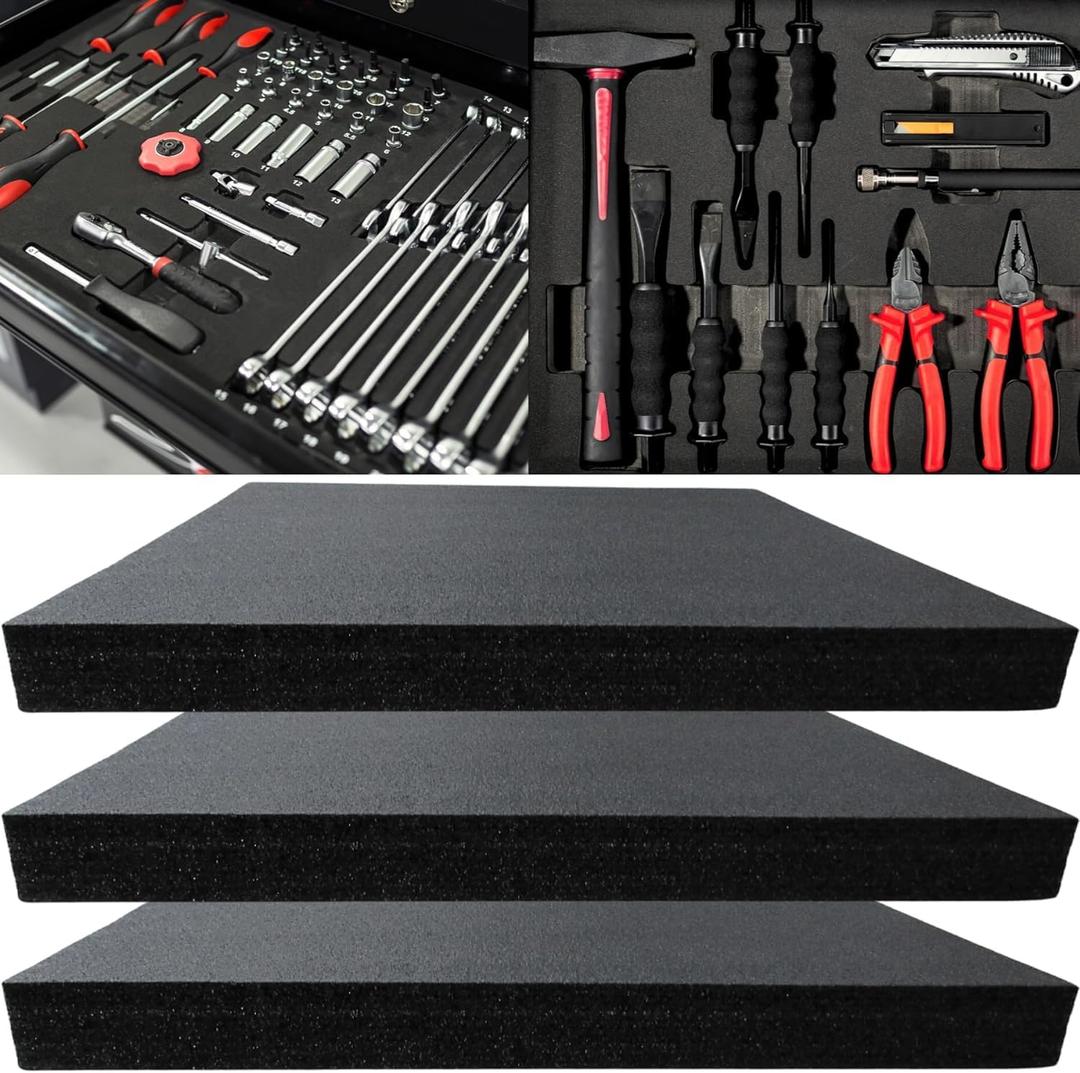 Tool Box Foam, 3Pack 22x18x2 inch, Foam Inserts for Cases, Polyethylene Storage Sheets for Toolbox Hard Case, Tool Shadow Insert, Kaizen Organizer Sheet