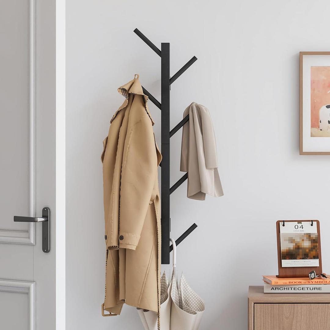 Furshus Coat Rack Wall Mount,Bamboo Vertical Hat Rack for Wall,Wall Coat Tree,Coat Hanger,Floating Coat Rack for Hats,Jackets,Bags,Entryway Bedroom (Black)