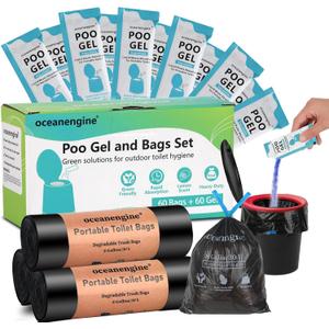 Portable Toilet Bags Poo Gel Set, 8 Gallon Camping Toilet Bags with Portable Toilet Absorbent Gel, Compostable Portable Potty Bags for Camping Outdoor Hiking (120 Count: 60 Bags & 60 Gel Packs)