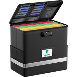ZOOPIP Fireproof File Box with Lock, Document Box Storage Organizer, Suitable for Hanging File Folders in Letter Size, Collapsible File Box, Reflective Strip for Fast Find (12.2"*6"*10.2, Black)