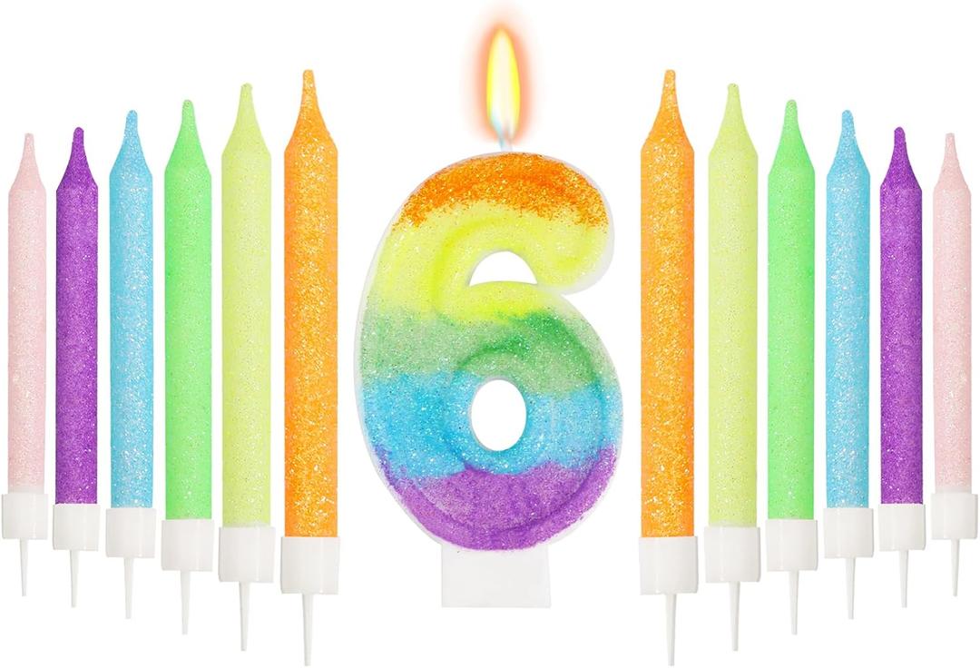 Rainbow 6th Number Candle for Cake, 13 Pcs Birthday Candles Set, Pastel Rainbow Cake Topper Birthday Party Decorations (Number 6)