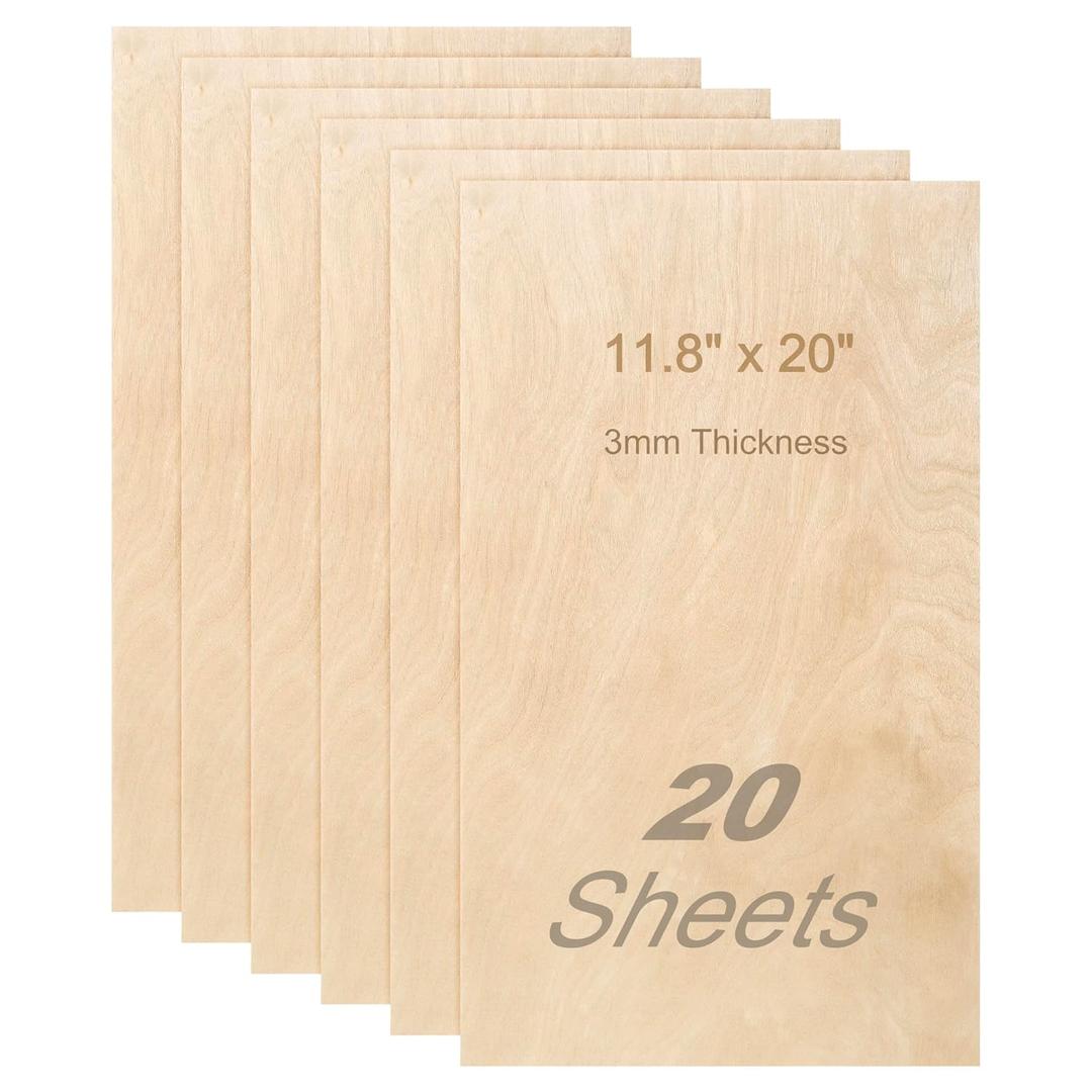 Baltic Birch Plywood 1/8x11.8x20 Inch 3 mm Thickness Wood for Laser Cutting and DIY Crafts Rectangle Wood Sheet - 20 Pack