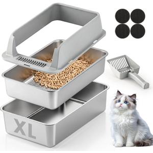 Stainless Steel Sifting Litter Box for Pine Pellets, Sifting Cat Litter Box with Sifter, High Side for Small Cats, Anti-Leakage, Odor Control, Includes Scooper, 22.4" x 14.6" x 11"