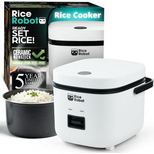 Rice Robot Personal Rice Cooker, PFAS-free, Nonstick. 1 Quart Capacity, with Stainless Steel Steamer Tray, Measuring Cups, Recipe Book with 60 Recipes, and Serving Spoon, As Seen On TV (2-Cup (Uncooked) | 4-Cup Cooked)