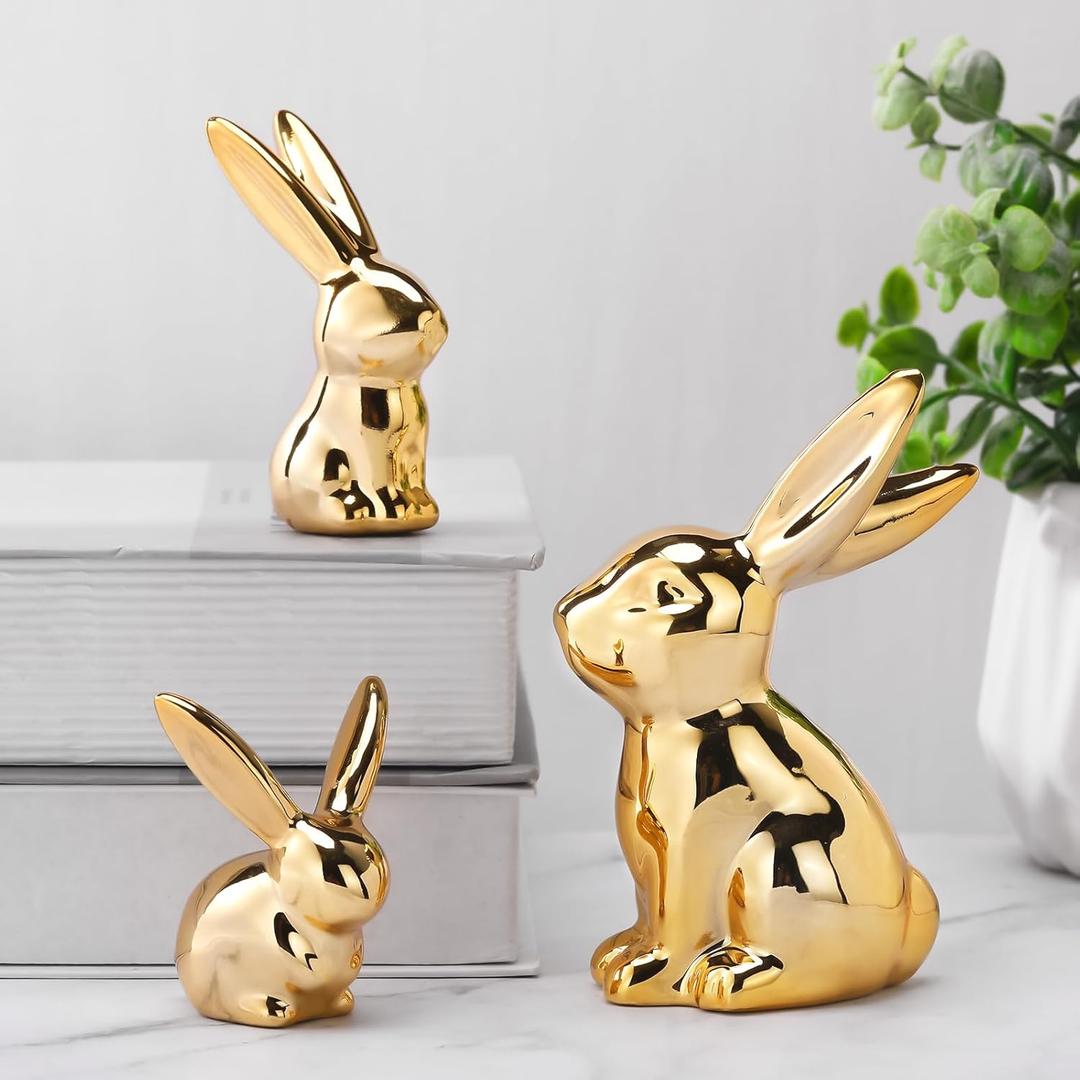 Wesiti 3 Pcs Easter Decoration Golden Bunny Figurines Set 4.5'', 3'', 2.36 Ceramic Easter Rabbit Statue Vintage Bunny Figurine Gift for Family Home Office Table Decor Spring Party Supplies (L, M, S)
