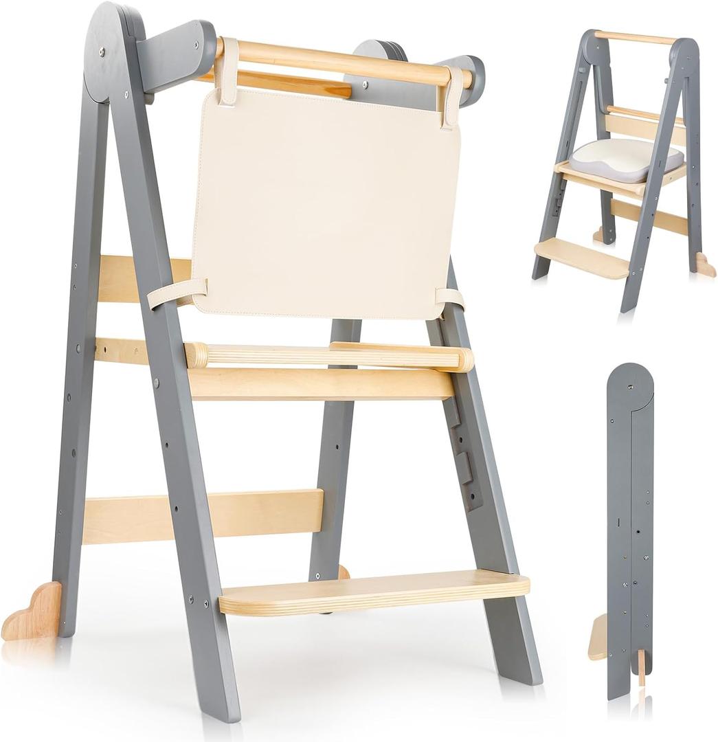 Toddler Learning Tower, Foldable Height Adjustable Wooden Kids Step Stool