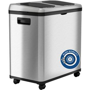 iTouchless 16 Gallon / 60L Stainless Steel Dual Compartment Sensor Kitchen Trash Can and Recycle Bin with Wheels  Rectangular Garbage Can with Touchless Motion Sensor Lid & Removable Inner Buckets