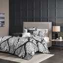 Madison Park Vienna Cotton Poly Blend Duvet Set Modern Design, Printed Damask Design, All Season Cover for Comforter Bedding, Matching Shams, Decorative Pillows King/Cal King Black 6 Piece (King/California King (104 in x 92 in))