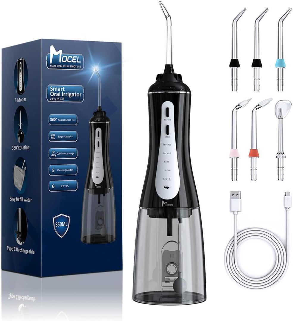 Water Dental Flosser Oral Irrigator with 5 Modes, 350ml Cordless Water Teeth Cleaner Pick 6 Tips, IPX7 Waterproof Rechargeable Portable Powerful Battery for Travel & Home Braces & Bridges Care (Black)