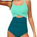 Girl Swimsuit One Piece Cutout Ruched Bathing Suit for Girls Color Block Adjustable Straps Pad Swimwear 13-14Y