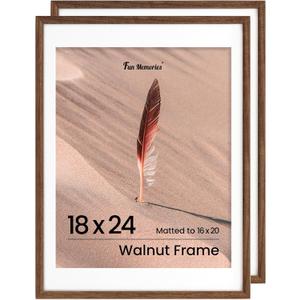 Fun Memories 18x24 Poster Frame, Solid Oak Wood Poster Frames, Modern Photo Frame for Wall 18x24 with 16x20 Mat, High Definition Plexiglass & Wall Hook Included (Walnut, 2 Pack)
