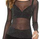ZHER-LU Women's Casual Solid High Neck Sheer Mesh Long Sleeve Tee Shirt Top (Black, XL) 4 Pack