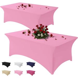 Table Cloth 2 Pack Pink 8FT Spandex Tablecloth for Rectangle Fitted Table Cloths Stretch Covers Washable Wrinkle Free Tablecloths for Festival Camping Picnic Wedding Party
