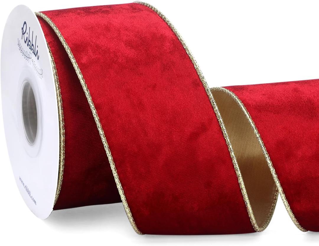 Ribbli Red Velvet Wired Ribbon 2.5 Inch Metallic Red Gold Crushed Velvet Christmas Ribbon for Gift Wrapping Christmas Tree Decoration Crafts Wreaths Supplies-Continuous 10 Yards