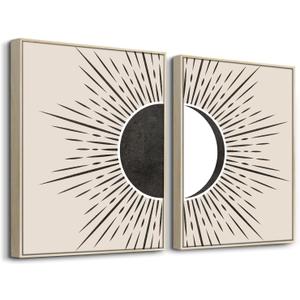 SERIMINO Black and White Wall Art Framed, Boho Canvas Wall Art for Living Room, Set of 2 Sun and Moon Painting Prints for Bedroom Decor Aesthetic,20 x28 inch