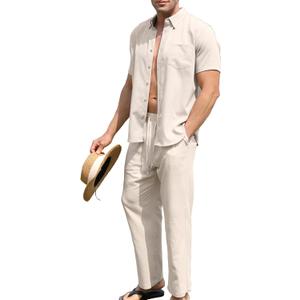 URRU Men’s 2 Piece Linen Outfit Summer Beach Short Sleeve Button Down Shirt and Pants Set, Khaki, Size: L