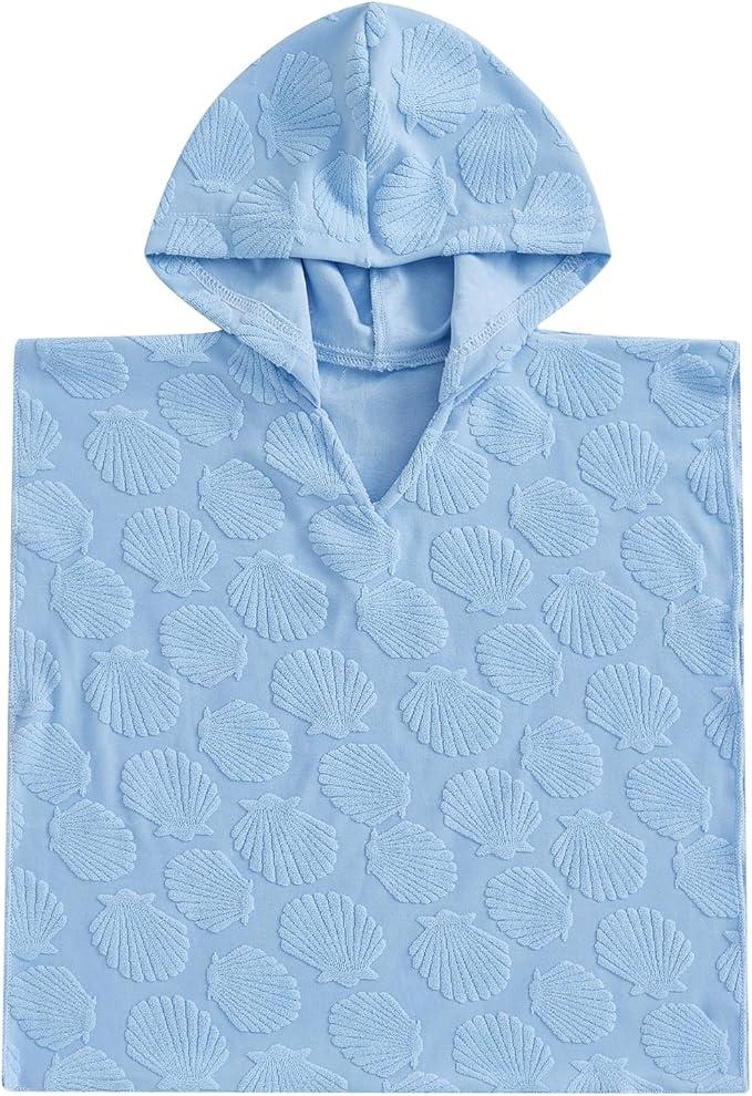 Geagodelia Hooded Swimming Poncho Towels for Kids Toddler Baby Boys Terry Towelling Scallop Pattern Soft Changing Robe Towel Beach Cover Up 2-4Y