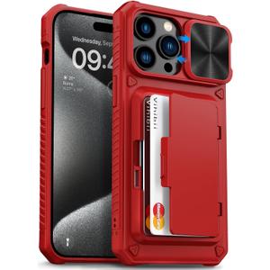 Vihibii for iPhone 15 Pro Max Wallet Case with Card Holder (4 Cards) & Slide Lens Protective Cover & Kickstand & Raised Edges Protect Screen, Shockproof Rugged Case for iPhone 15 Pro Max 6.7", Red