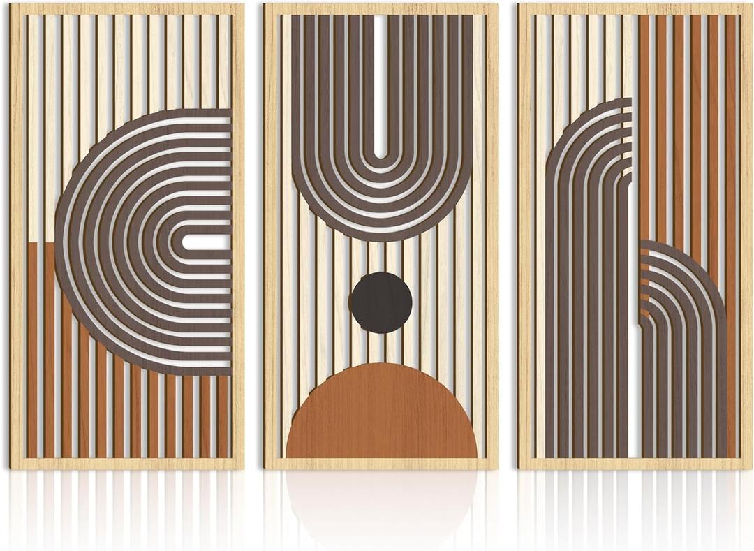 IARTTOP Mid century Modern Decor 16x32 Inch Large Boho Wood Wall Art Abstract Wooden Wall Decor Minimalist Bohemian Orange Artwork for Living Room Bedroom Office Set of 3 (brown and orange)
