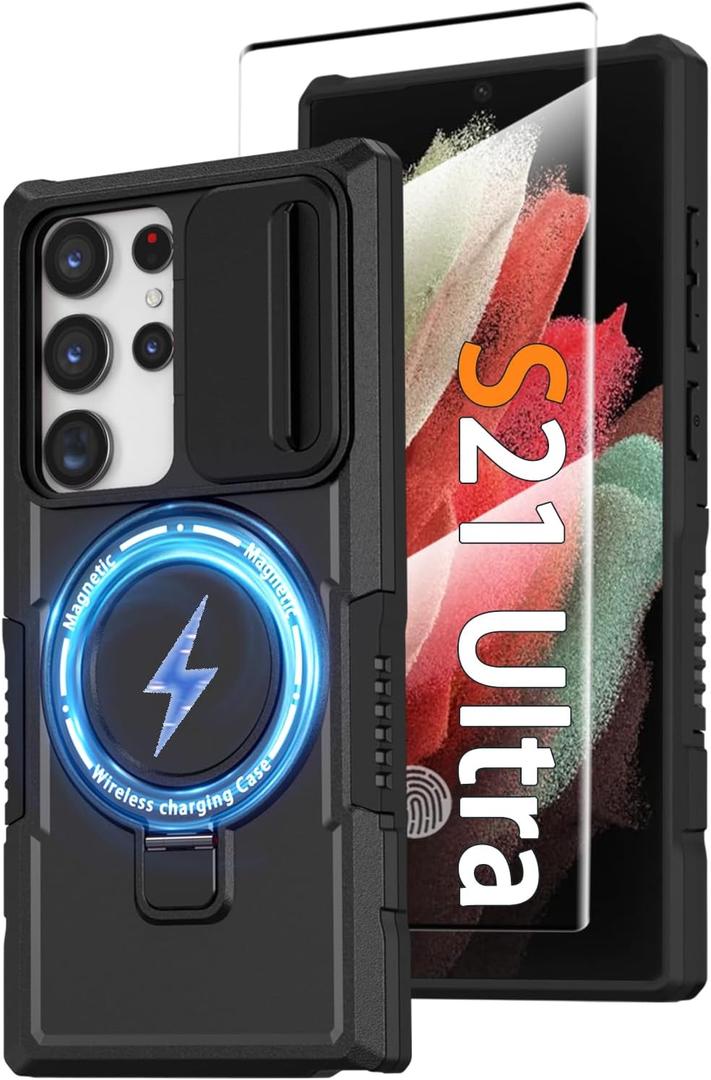 For Samsung Galaxy S21 Ultra Magnetic Case with Ring Stand [Compatible with MagSafe] [Screen Protector] [Military-Grade Protection] Heavy Duty Rugged Shockproof Case with Slide Camera Cover, Black