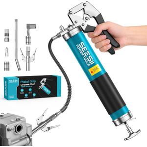 Seesii 8000PSI Grease Gun Kit: Heavy Duty Pistol Grip Grease Gun with 14oz Capacity, Quick-Release Coupler, 90 Adapter, Flexible Hose, Rigid Pipe for Automotive, Agricultural, Industrial, Marine (Blue)