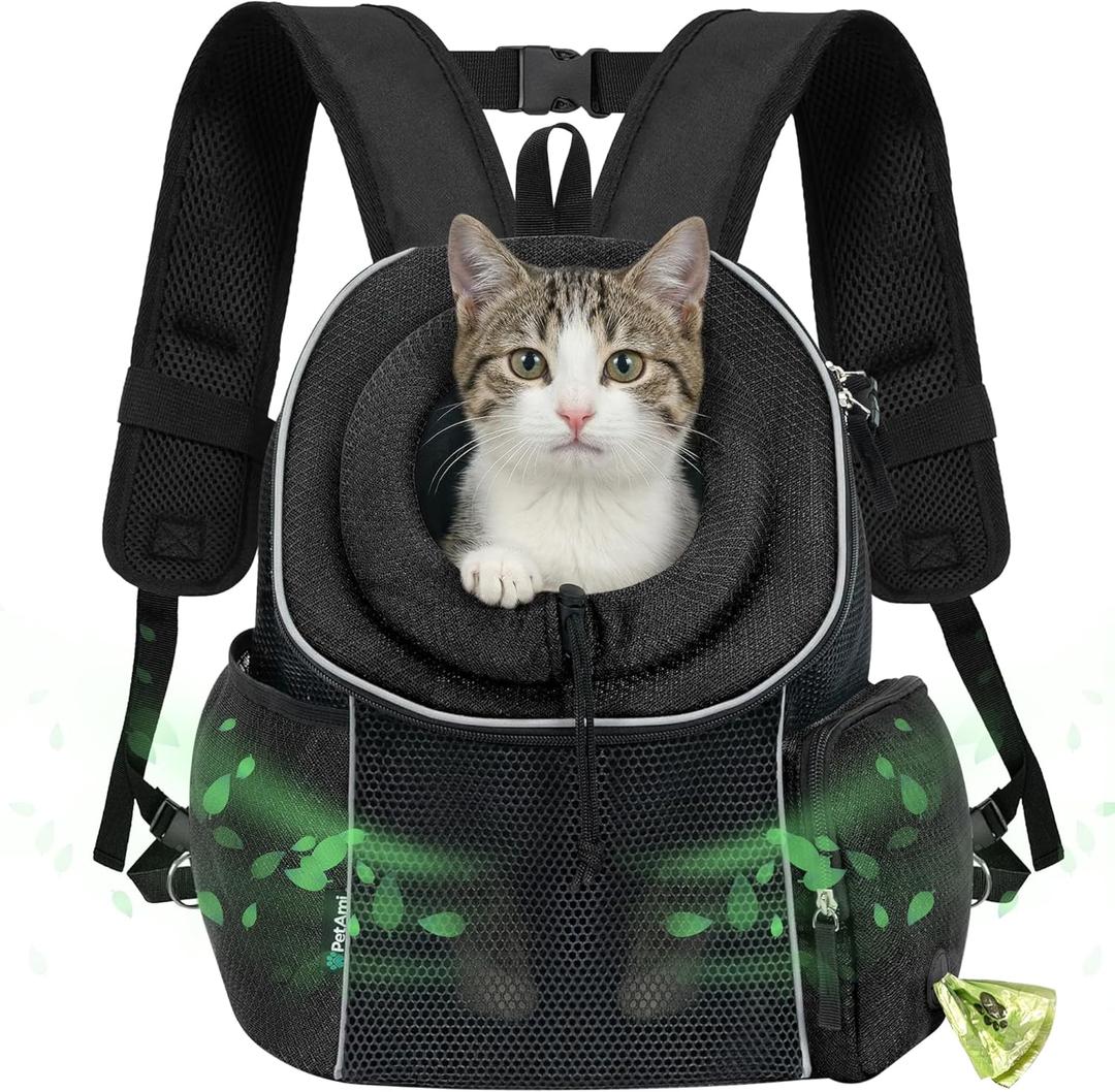 PetAmi Dog Carrier Backpack, Hands Free Front Pet Carrier for Small Cats Puppies, Adjustable Ventilated Reflective Pet Travel Bag for Hiking Camping Biking Walking, Up to 10 lbs, Black (Medium (15.5x9x15.5))