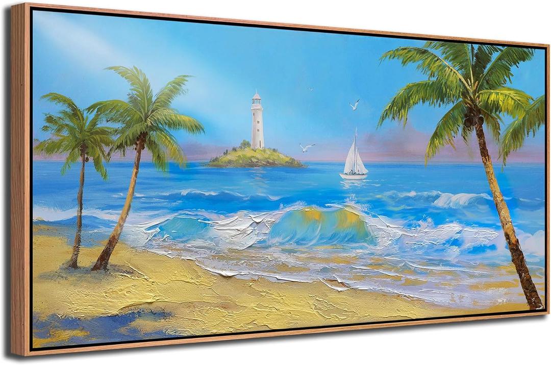 Ateliart Framed Landscape Coastal Wall Art Living Room, Seascape Canvas Painting Blue Ocean Bedroom Large Picture Textured Artwork Kitchen Dining Room Home Office Wall Decor Wood 48"x24"