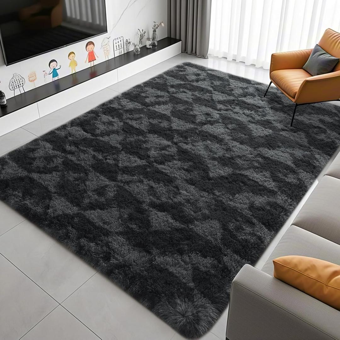 ISEAU 9x12 Area Rug for Living Room, Dark Grey Geometric Pattern Plush Rug for Bedroom, Kitchen, Soft Shaggy Carpets, Fluffy and Machine Washable Mats, Nursery Floors Mat, Boys Room Carpet Decor