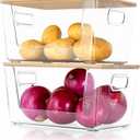 2 Set Pantry Organizer and Storage, Stackable Trash Bag Dispenser Clear Acrylic Kitchen Counter Pantry Baskets for Potato, Onion, Produce, Fruit, Vegetable, Snack, Trash Bag Holder with Bamboo Lid