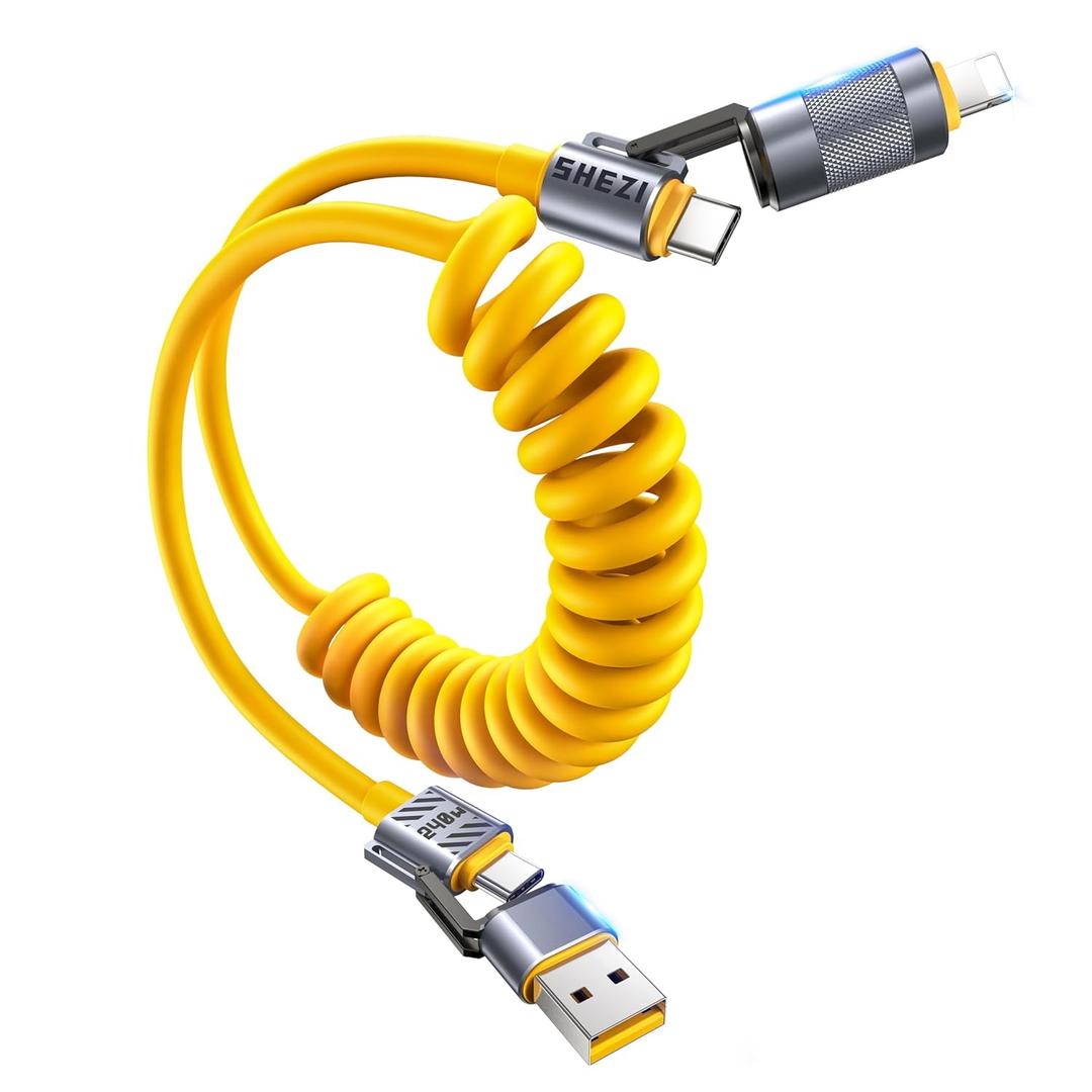 4-in-1 Coiled USB C Cable for Car 5FT [240W Fast Charging] Compatible with Lightning Cable [CarPlay & Android Auto] Multi Charger Cord Combo with L/Type C/USB A Ports for iPhone/iPad (Yellow)