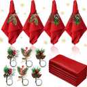 Korlon Tec 12Pcs Christmas Napkins and Ring Set 6Pcs Washable Red Christmas Napkins Cloth and 6Pcs Christmas Napkin Rings for Holiday Party Dinner Christmas Table Decorations