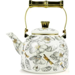 Vintage Enamel Tea Kettle, Dragonfly Floral Pattern Stovetop Teapot with Gold Handle, 2.5L Enamel Kettle Kitchen Decor, Ideal Gift for Housewarming Camping Coffee Pot