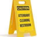 SmartSign 25 x 12 inch Caution - Attendant Cleaning Restroom Two-Sided Folding Floor Sign with Falling Symbol, Portable and Lightweight A-Frame, Easy Grip Handle, Plastic, Black and Yellow