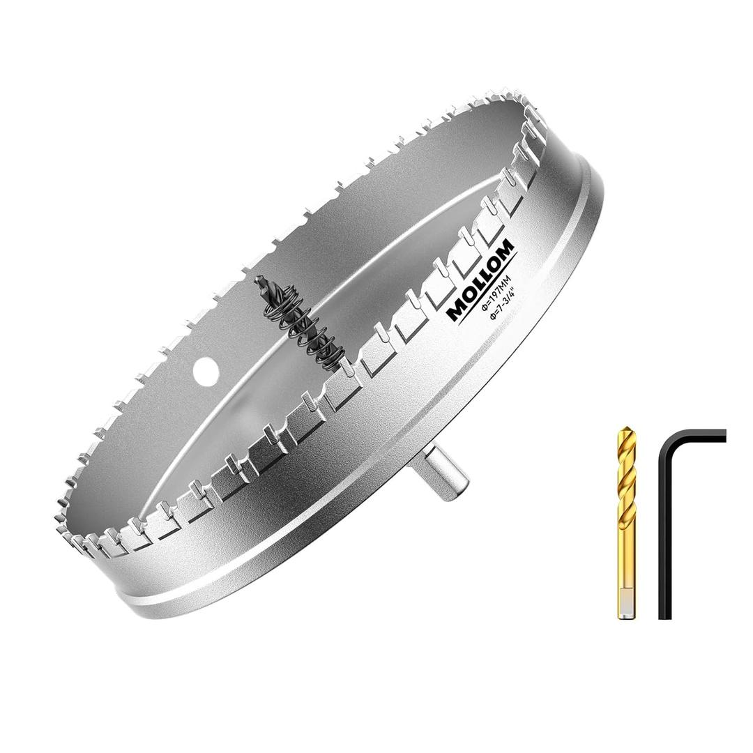 Mollom (7-3/4''|197mm) Heavy Duty Carbide Hole Saw with 2 Pilot Drill Bits, Hole Cutter cuts Stainless Steel, mild Steel, Iron, Copper, Brass, Plastic