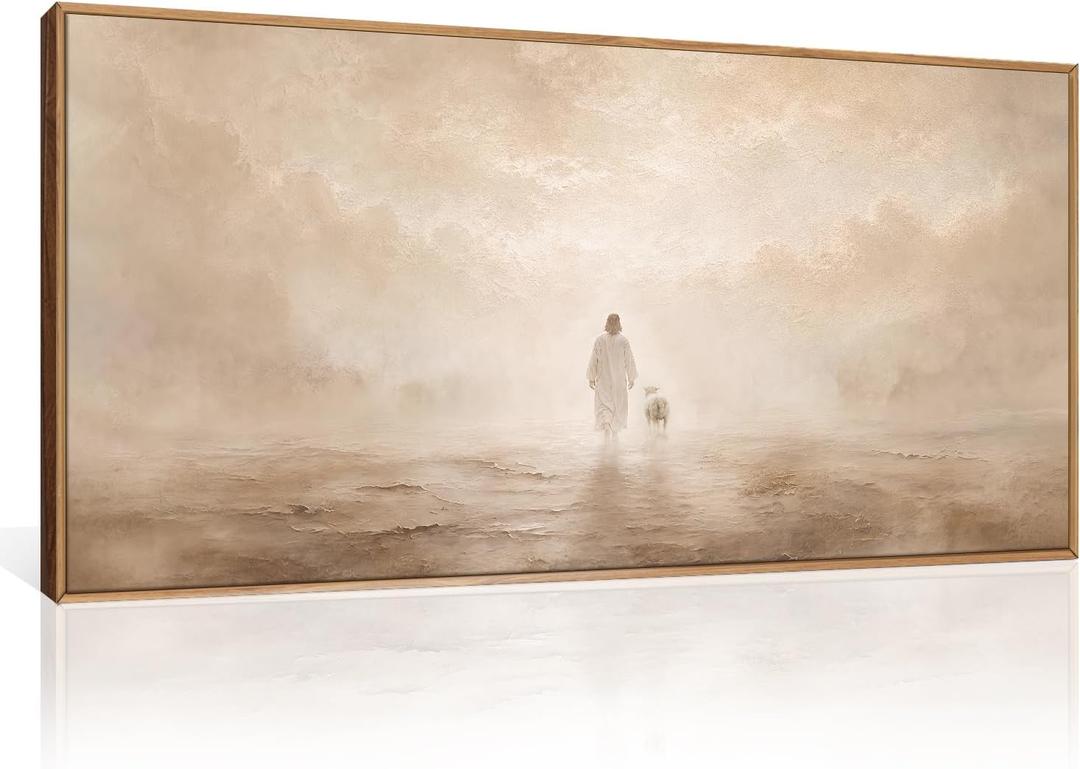 Christian Jesus and Lost Lamb Framed Canvas Wall Art-40"x20"x1