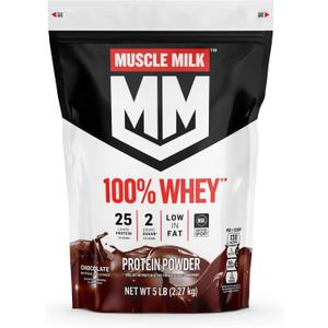 Muscle Milk 100% Whey Protein Powder, Chocolate, 5 Pound, 66 Servings, 25g Protein, 2g Sugar, Low in Fat, NSF Certified for Sport, Energizing Snack, Workout Recovery, Packaging May Vary (EXP 04/29/26)