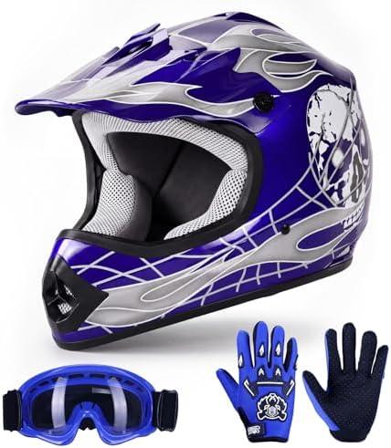 TCT-MOTORPARTS DOT Kids Youth Motocross Helmets ATV Off-Road Dirt Bike Motorcycle Full Face Blue Skull Helmet+Gloves+Goggles Medium