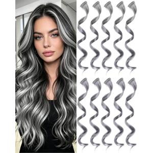 10 PCS Grey Hair Extensions, Curly Wavy Synthetic Hairpieces Clip in Rainbow Neon Party Highlights, Colorful Hair Accessories for Girls Women 17 inch (Grey)