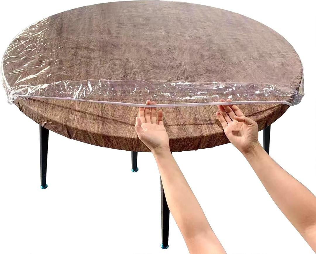 LIBERECOO Clear Round Fitted Vinyl Tablecloth - Fits 45-48" Diameter Tables - Heavy Duty Elasticized Table Cover Elastic Edged Plastic Tablecloth Protector