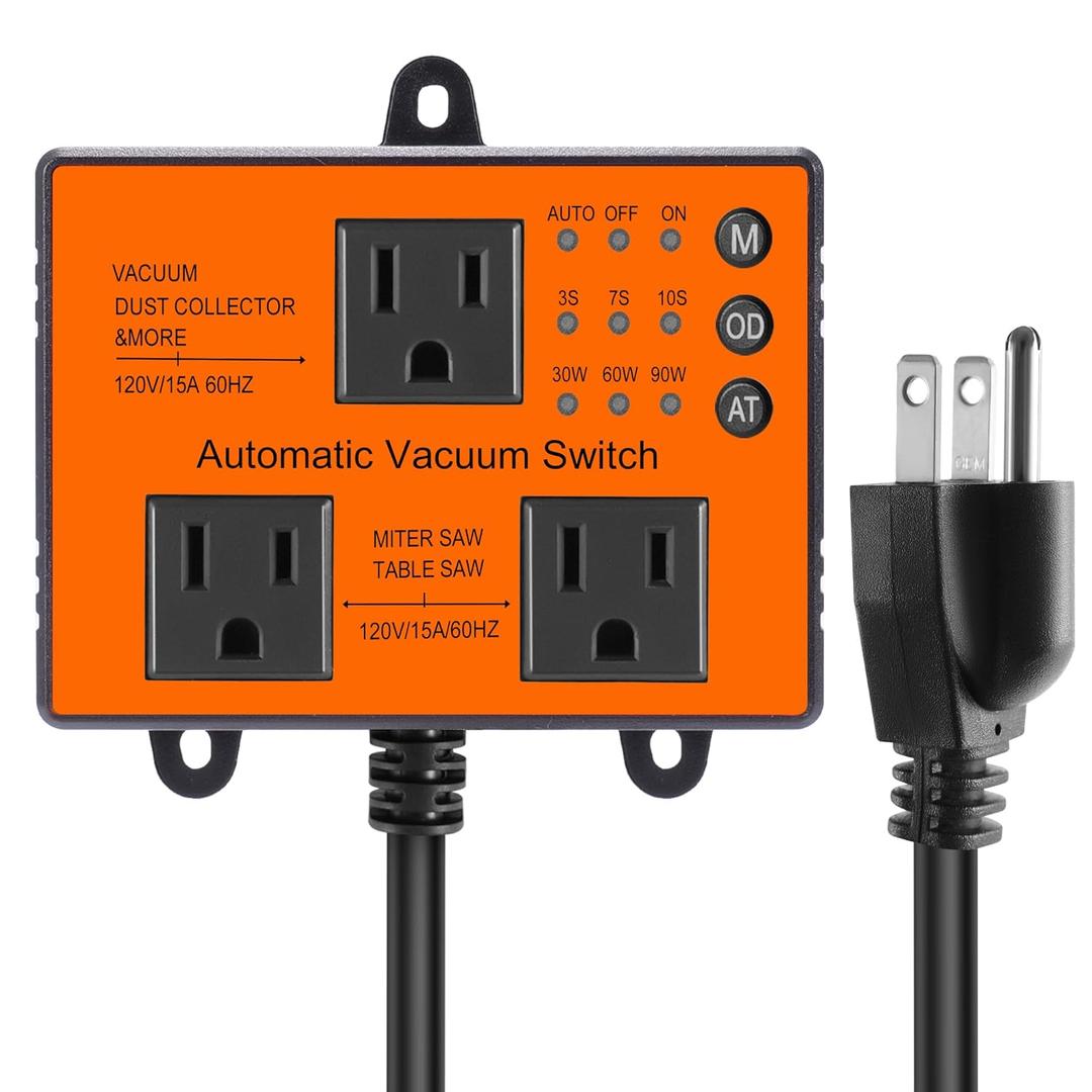 Automatic Vacuum Switch, Autoswitch for Dust Collector Woodworking Shop Miter Saw,120V/15A, Auto/On/Off 3Modes, Adjustable Delay Shutoff