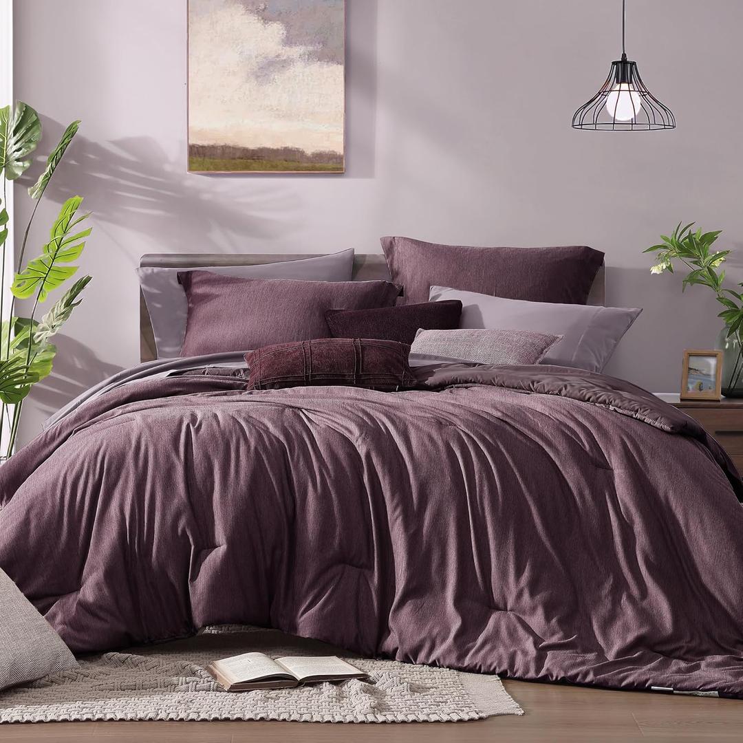 Monbix Oversized Queen Comforter Set - 7 Pieces Cationic Dyeing Italian Plum Bed in a Bag Bedding Sets with Comforter, Sheets, Pillowcases & Shams, Reversible Bedding Comforters Sets