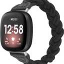 Wearlizer Elastic Band Compatible with Fitbit Versa 4 Bands for Woman/Versa 3/Sense 2/Sense Bands Women, Slim Solo Loop Braided Strap Stretchy Woven Wristband Accessory, Black, Small