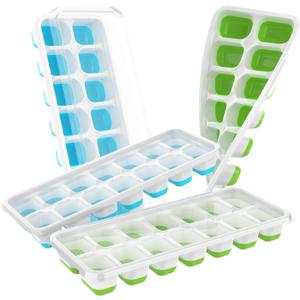 ChefAide Ice Cube Tray with Lid, 4 Packs 56 Cubes Durable Stackable Ice Cube Trays for Freezer with Removable Lids, Easy-Release Plastic & Silicone Ice Tray for Cocktail, Coffee (Green,Blue)